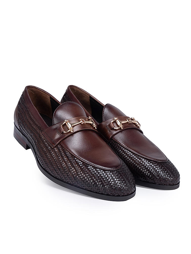 Coffee Textured Loafers With Buckle